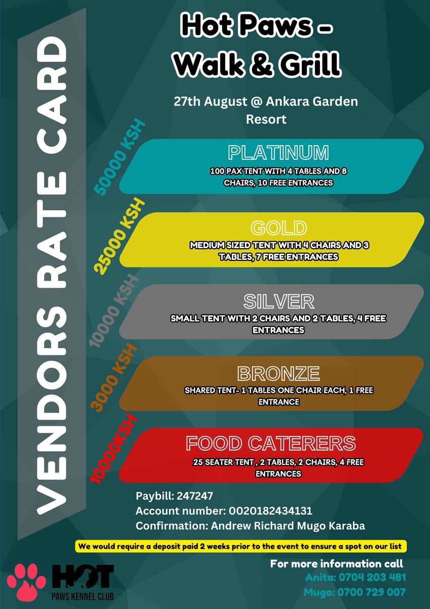 DOGTOBERFESTKE1's tweet photo. Walk and Grill brought to you by Hot Paws Kennel Club and our partners  @thisismecom #iamimpact and Ankara Gardens will be happening on Sunday, 27th of August tomorrow!!
Early bird tickets 🎟️ : 700 ksh for Adults 350 ksh for Kids  
👇🏿👇🏿#vendorswanted https://t.co/fsRGPDUyQx