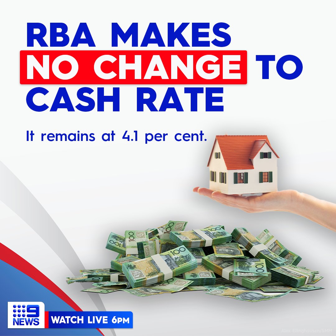 #BREAKING: The Reserve Bank of Australia has left the cash rate on hold at 4.1 per cent for the second month in a row.

MORE: nine.social/hKd

#9News