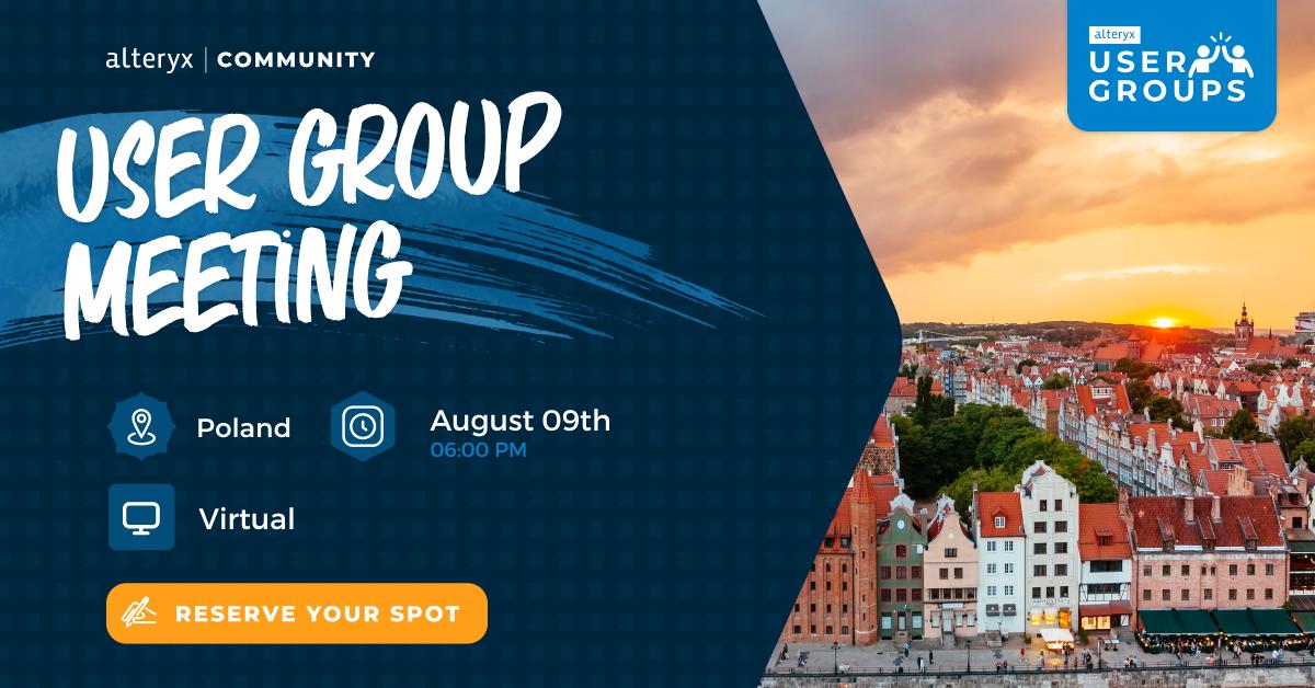 watersn's tweet image. On Wednesday, August 9th, during the Polish #AlteryxUserGroup meeting, you&apos;ll have the opportunity to learn from industry experts, connect with fellow Alteryx users, and discover new tips and tricks to maximize your productivity. Book your spot now: ow.ly/5ymP104PzG8