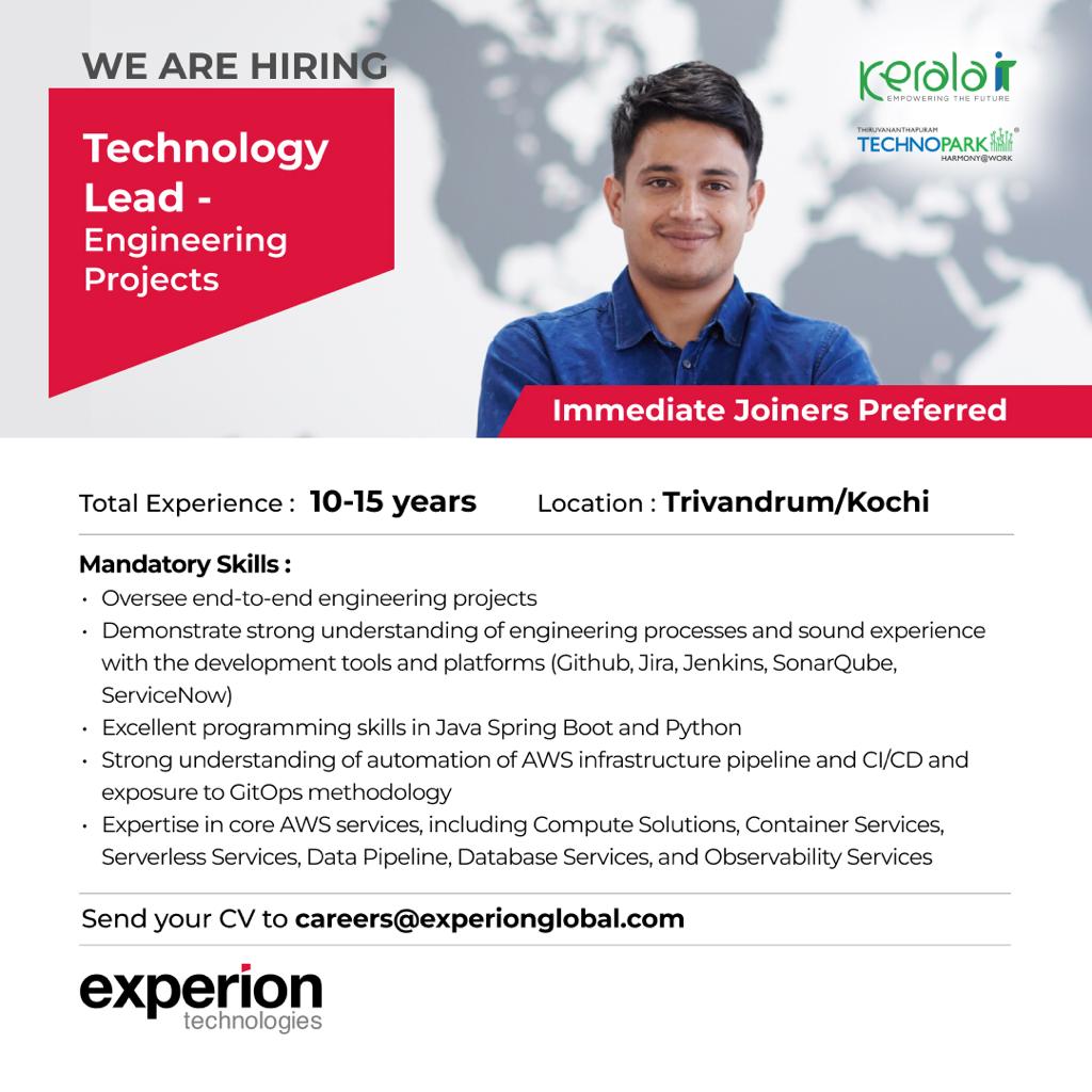 mytechnopark's tweet image. #ExperionTechnologies is a leading global product engineering and digital transformation services business catering to large enterprises and startups. Explore their latest job opening for a ‘Technology Lead – #EngineeringProjects’, send your CV to: careers@experionglobal.com.