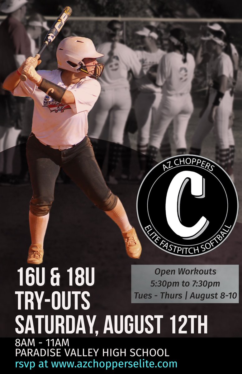 azchopperselite's tweet photo. AZ Choppers Elite Fastpitch is looking for committed and dedicated student athletes to fill in roster spots from our college bound seniors!

Our 18U Division is looking for 1-2 players to complete a solid roster, pitcher or outfielder preferred however all positions considered! https://t.co/kiLGjmPPKf