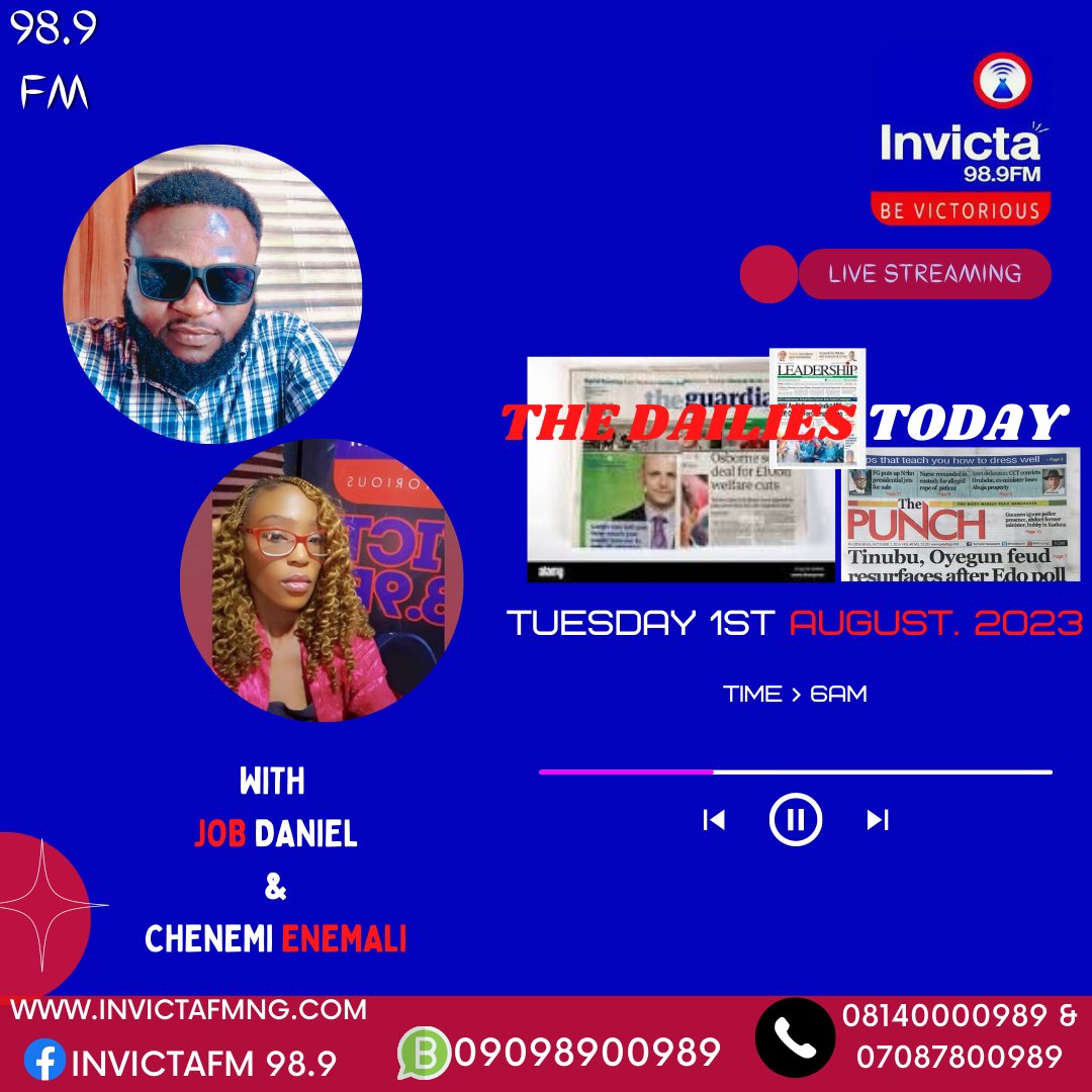 invictafm989's tweet photo. #INVICTA98.9FM
#COFFEEDRIVE
#tuesdayvibe #HappyNewMonth #AUGUST
NOW AIRING🔥
THE DAILIES TODAY
with @Joebee_daniel
& @ITSD_VYCE
LIVE ON https://t.co/Nw03YTMzzK https://t.co/PBl0A4JVrN