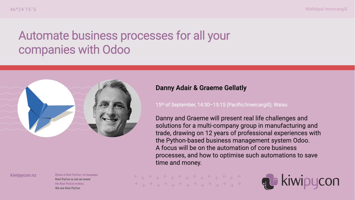 kiwipycon's tweet photo. 6 weeks and 3 days (45 days) to #KiwiPyCon #Waihopai #Invercargill #Talks #ScheduledTribe

Danny Adair &amp; Graeme Gellatly
Automate business processes for all your companies with Odoo
Friday 15th 2:30pm

Please help us to spread the word: retweet / boost / repost. Thank you 🙏

3/3 https://t.co/AssGx9rFI7