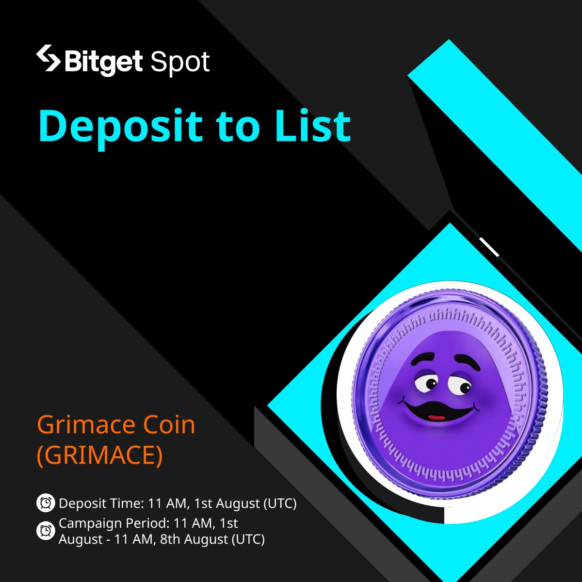 bitget's tweet image. 🔥 Deposit to List

#Bitget D2L of $GRIMACE will start at 11 AM, 1st August (UTC). Get a chance to grab $8,000 worth of $GRIMACE Prize Pool! @Grimacedogchain

🎁 A total $100 #giveaway for 10 members! Just simply RT + TAG 3 friends.

More details: bitget.com/en/support/art…
