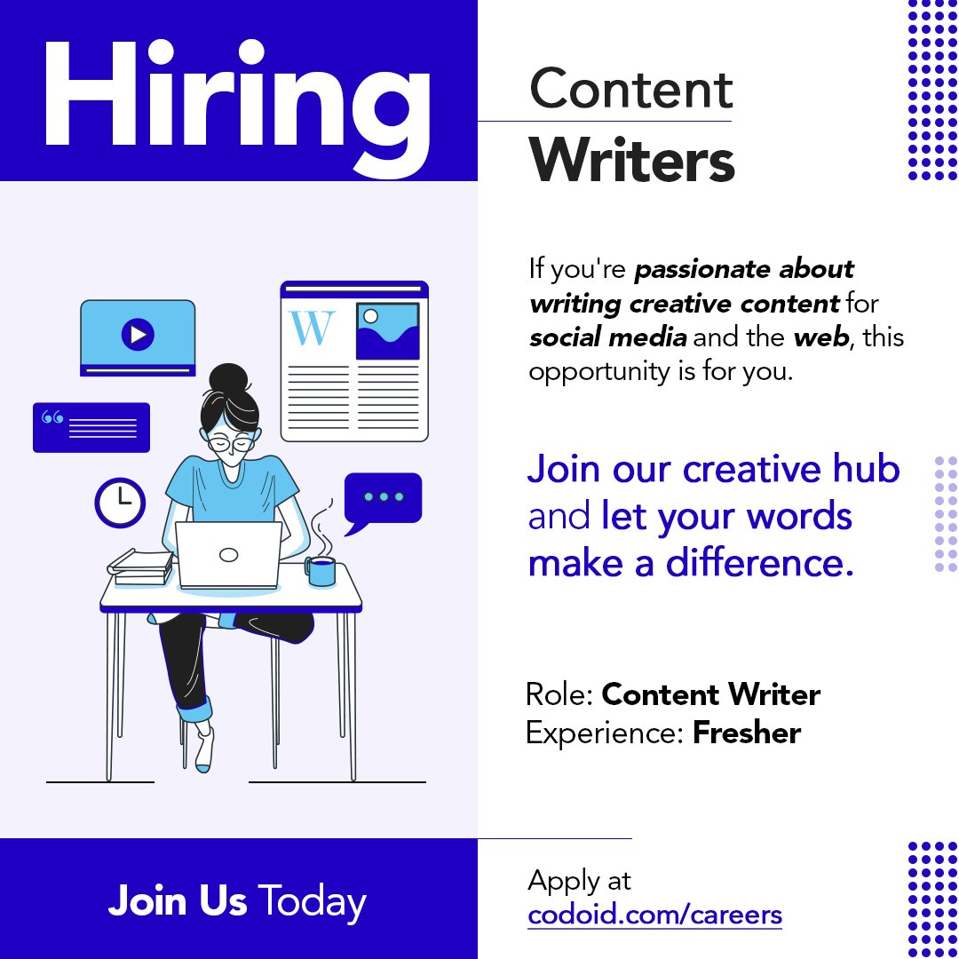 codoid's tweet image. Hiring Content Writers!
Apply at codoid.com/careers or send your resume to recruitment@codoid.com
Join Us Today

#codoid #codoidinnovations #hiring #hiringcontentwriters #contentwriters #freshers #jobsinindia #jobvacancy #joboppurtunity