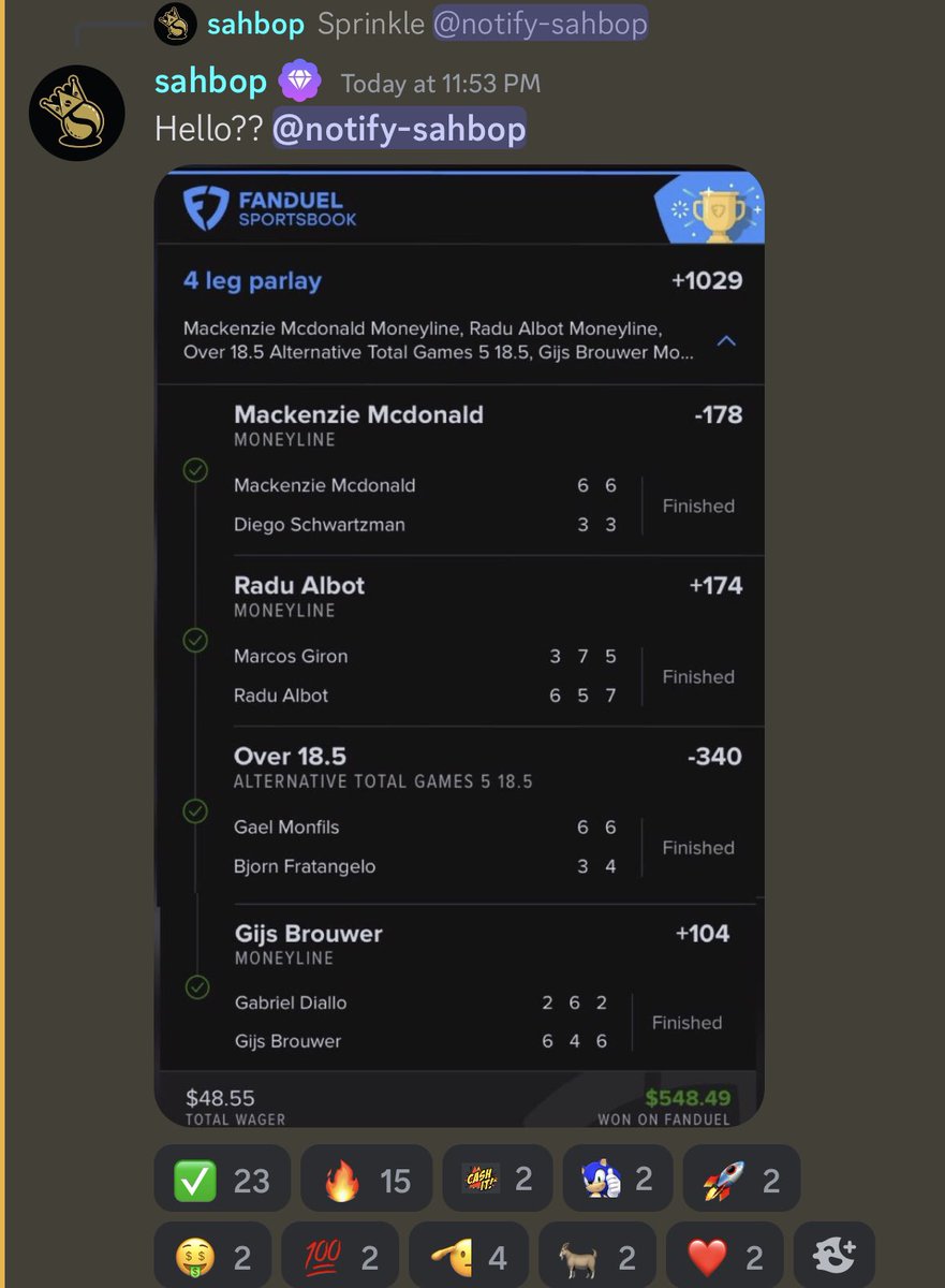 GoldBoys's tweet photo. Cash this Tennis Parlay from @SahbopPicks 🎾🎾

$48.55 ➡️ $548.49 💰💰

Posted in the discord ➡️ https://t.co/ChgX7UxU00 https://t.co/PYrMSTr0Na