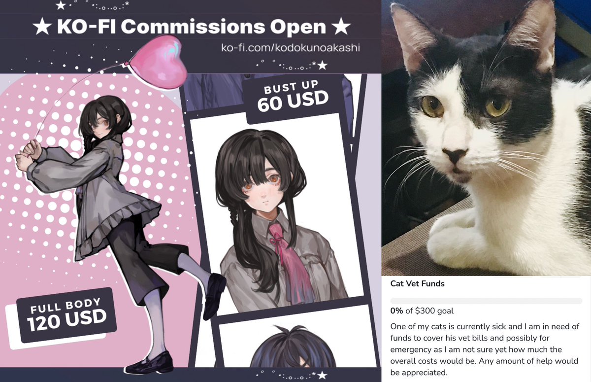 kodokunoakashi's tweet photo. Hi, I'm opening emergency comms for my cat.
I will try to take 2-3 slots per week but I might change depending on how much I can handle.

Please check https://t.co/4blHQ4HFpZ for more info
———————
To anyone willing to donate, any amount would help 🙏🙇🏻‍♀️ :
https://t.co/KGVQv7Rxrg https://t.co/5OXZfcMVqE