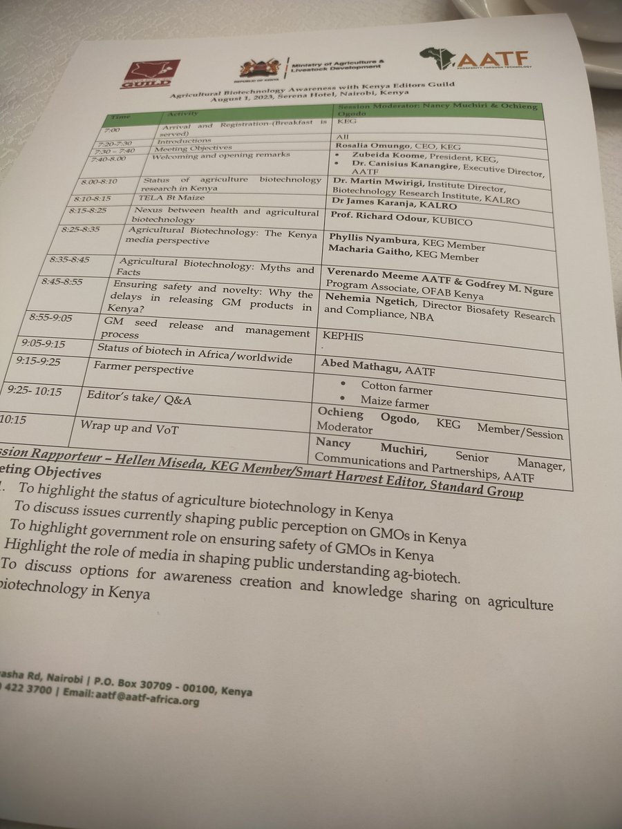 KenyaEditors's tweet photo. Happening now:@KenyaEditors and @aatfafrica breakfast briefing on biotechnology awareness at the Serena hotel,Nairobi. The forum aims at enhancing the understanding and reportage of ag-biotech.
#BiotechreportingKe https://t.co/gnuOTBC3U8