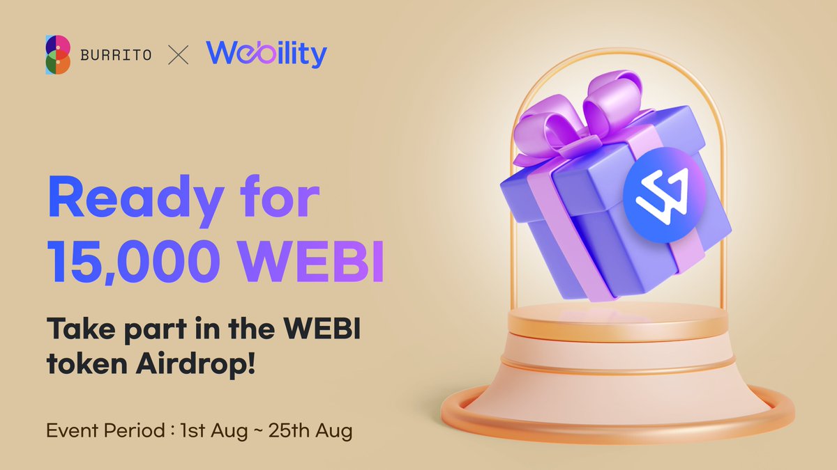 BurritoWallet's tweet photo. Hello Burrito members!

We're excited to announce the first event of August for @BurritoWallet !

It's the second collaboration between @BurritoWallet  and XingXing! 😁

In July, the event was only available to members of XingXing. but this second event is open to all Burrito Wallet members 💛

For those who missed the WEBI token airdrop in the previous Burrito Wallet X XingXing event, please take advantage of this opportunity.

Don't miss this opportunity ✌️

Only the first 1,500 participants will receive the WEBI token airdrop, so let's go complete the mission now!

Event Target: All Burrito Wallet Members 
Event period: 8/1 (Tue) - 8/25 (Fri) 
Winner Announcement: Will be announced via announcement within 1 week after the event ends Event Gifts 🎁

We will airdrop 10 WEBI tokens to the first 1,500 people who complete the gleam mission.

How to participate in the event

Complete the gleam mission now 🤗
->->https://t.co/6QVJ39ZXh3