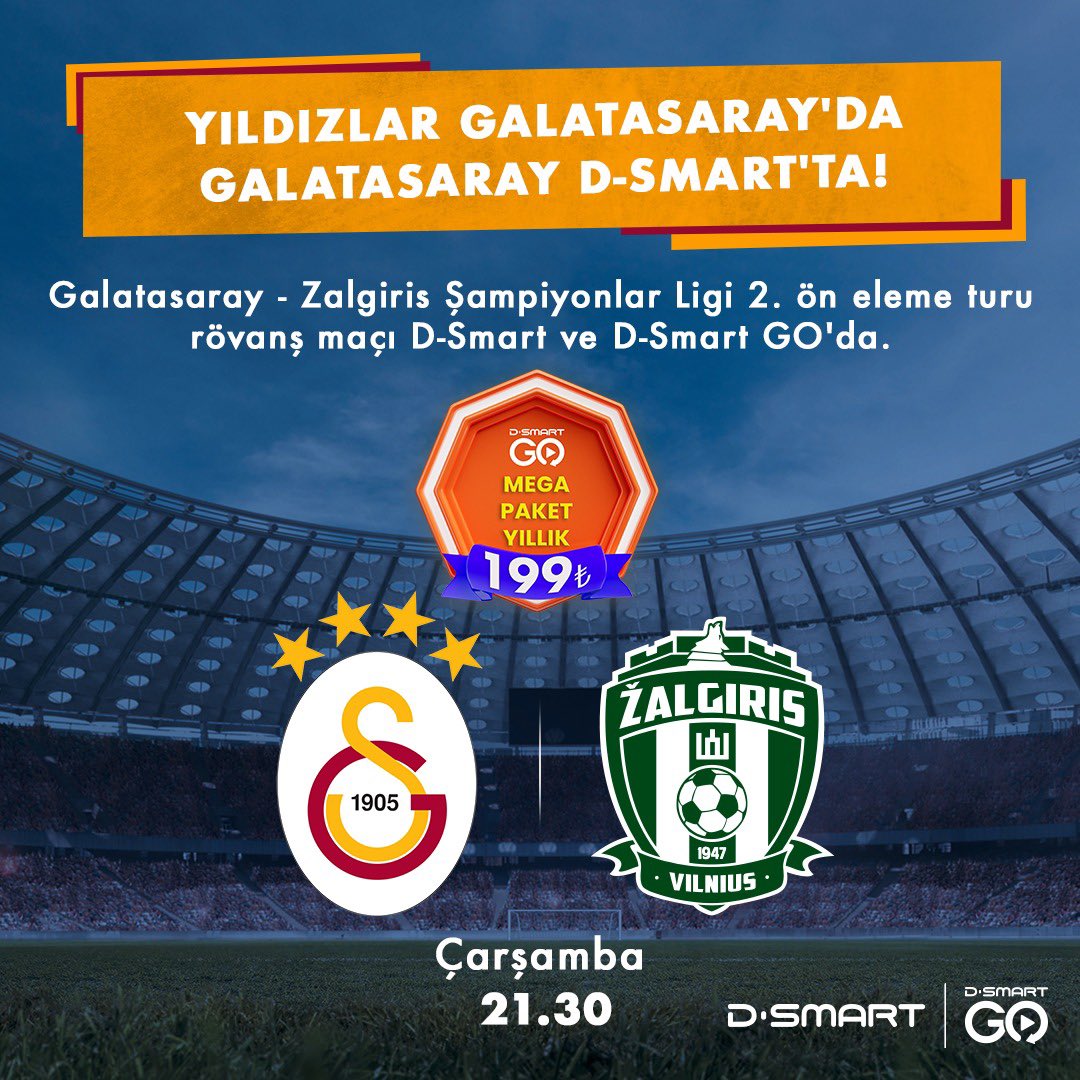 DSmartDunyasi's tweet photo. Yıldızlar Galatasaray'da Galatasaray D-Smart'ta! ❤️💛

Galatasaray - Zalgiris ile oynayacağı Şampiyonlar Ligi 2. ön eleme rövanş maçı Çarşamba saat 21.30'da #DSmart ve #DSmartGO'da! ⚽️

Ağustos ayına özel D-Smart GO Mega Paket yıllık sadece 199₺! Sen de hemen üye ol, maç keyfini doyasıya yaşa! 

👇👇👇
https://t.co/6IwWqh81GN