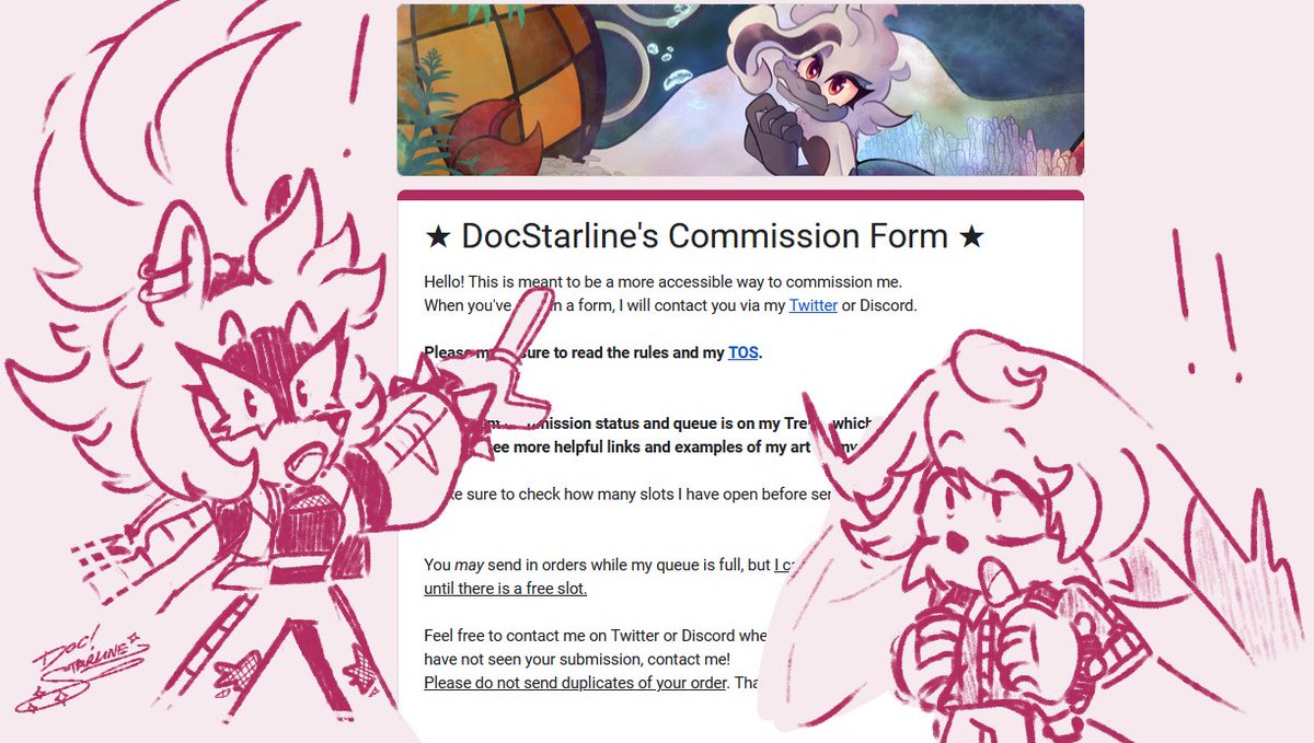 Nothing too huge going on, but I *did* update my carrd and make a form for ordering c★mmissions! Check it out: forms.gle/sacg4bPCL4WxX8…