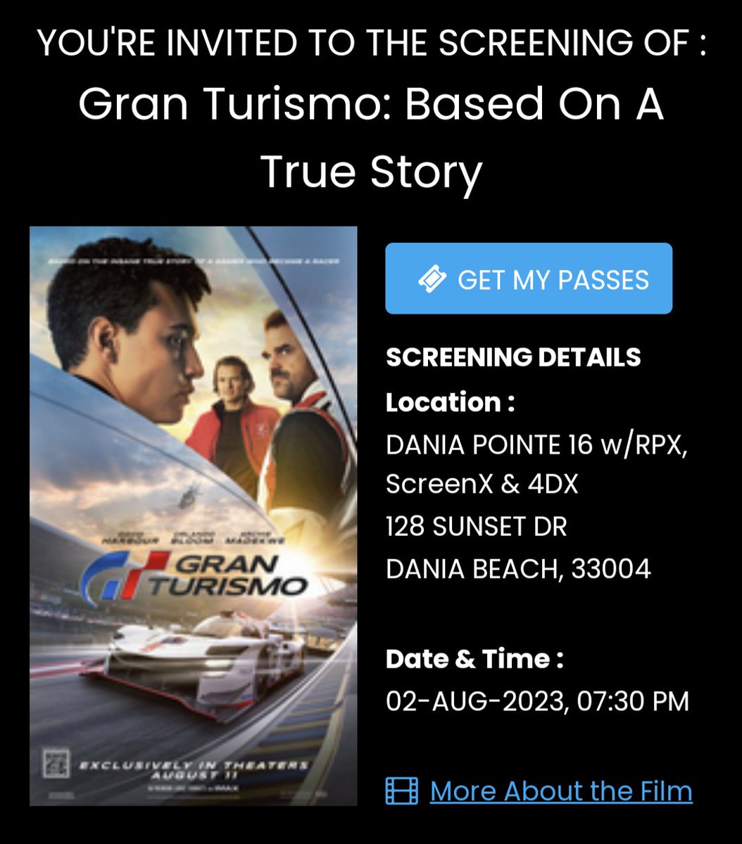 Flynn's family you're invited to see a FREE ADVANCE SCREENING of #GranTurismoMovie ~ this Wed (08.02) at #DaniaPointe - be sure to arrive early because it is first come, first serve - click the link to claim yours: events.sonypictures.com/screenings/uns…
#GranTurismo7  #movienight