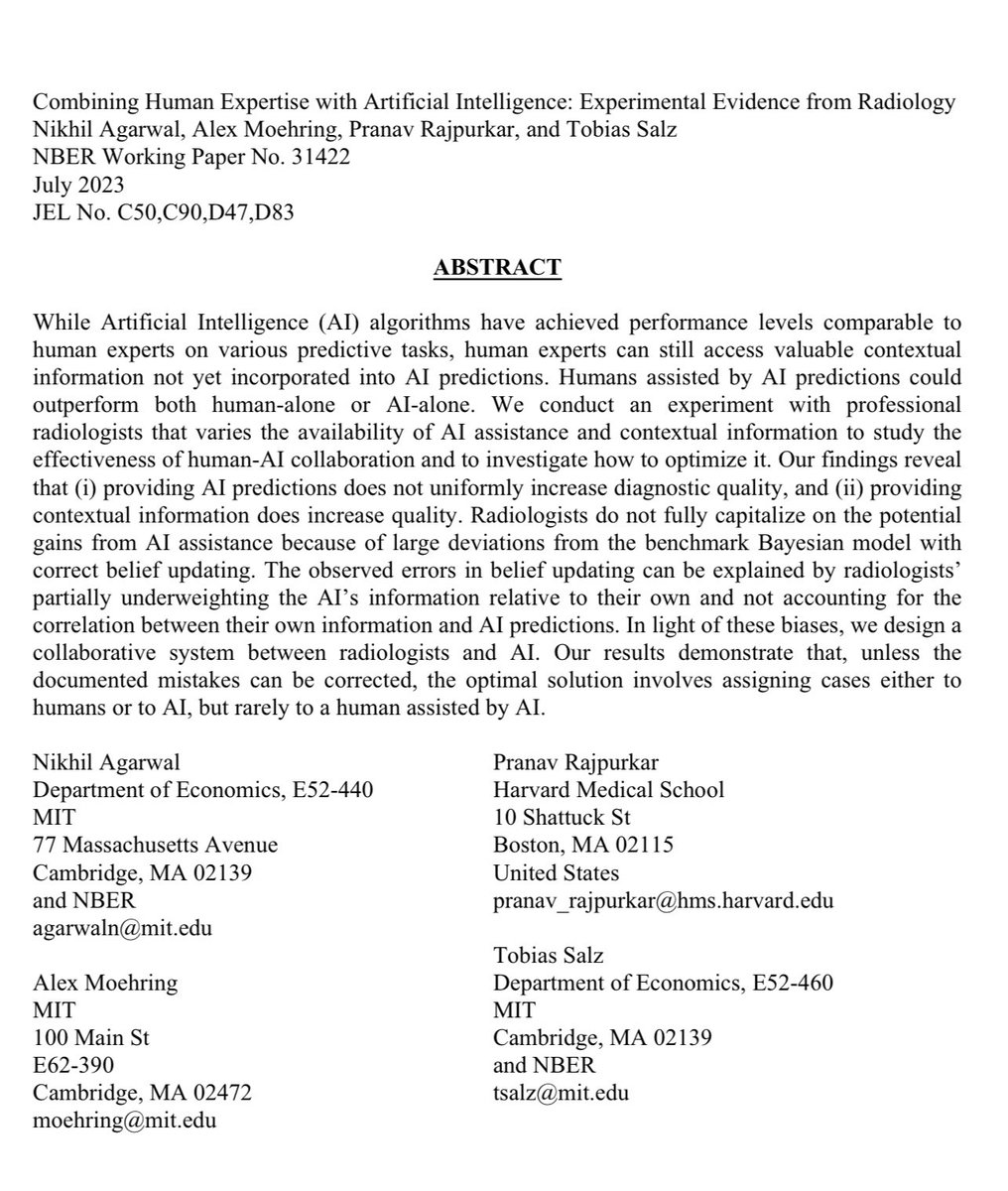 In this study, AI was more accurate than two thirds of radiologists, yet when radiologists had AI help their diagnoses did not improve. Why? Humans ignored the AI’s advice when it conflicted with their views. A big barrier to future human-AI collaboration blueprintcdn.com/wp-content/upl…