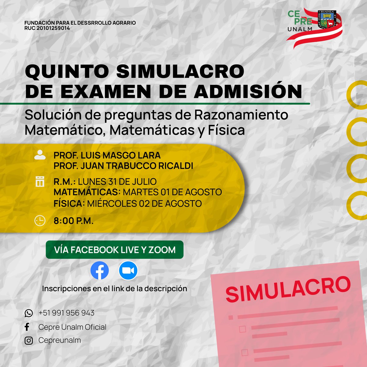 UNALM_online's tweet photo. El #Cepre de la UNALM te presenta :👀👩‍💻🧑‍💻!
📌Lunes 31 de julio: Razonamiento matemático
📌Martes 01 de agosto: Matemáticas
📌Miércoles 02 de agosto: Física
Inscripción: https://t.co/wOlMjLw3ce https://t.co/fAWYPJlflm