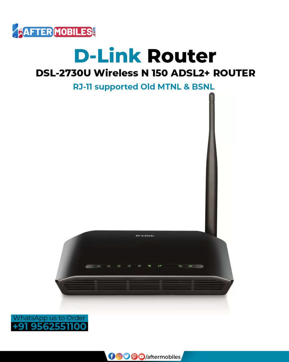 aftermobiles's tweet photo. ☎️Old BSNL MTNL Router Modem (RJ-11 Support)
➿D-Link DSL-2730U Wireless-N 150 ADSL2+ 4-Port Router (Black)
👉Buy Now at: https://t.co/1NCiPb93eZ https://t.co/HVlJb0e3nF