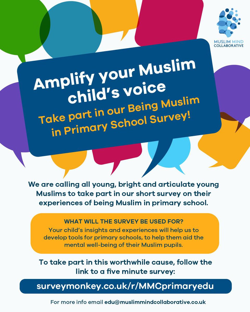 This summer, <a href="/muslimmind_uk/">Muslim Mind Collaborative</a> are inviting young, bright Muslim primary-aged children to make a difference by making their voice heard! lnkd.in/e8jgUm5N

#Schools #Muslim #MentalHealth #MuslimMentalHealth #PrimarySchool #Children