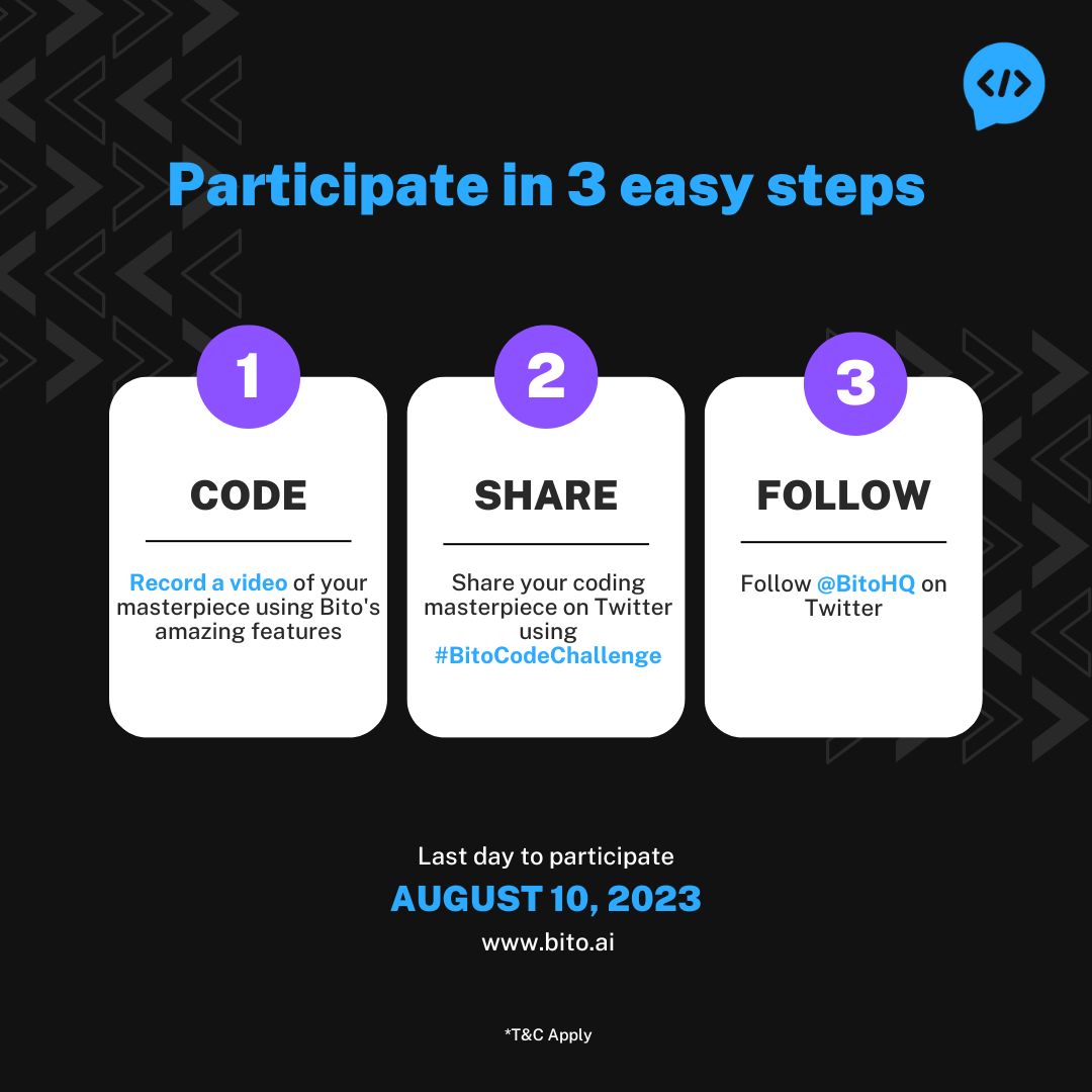 #ContestAlert
 
🚀 Coders, the moment you've been waiting for is here! Join the epic #BitoCodeChallenge and let your creativity to win a MacBook Air! 🌟 Don't miss this chance - bito.ai/bcc/
 
Last day: 10th August 2023, 12:00 PM. 

#CodingContest #ParticipateToWin