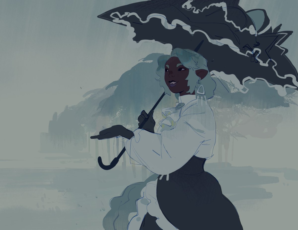 1girl umbrella solo pointy ears holding umbrella holding dark-skinned female  illustration images
