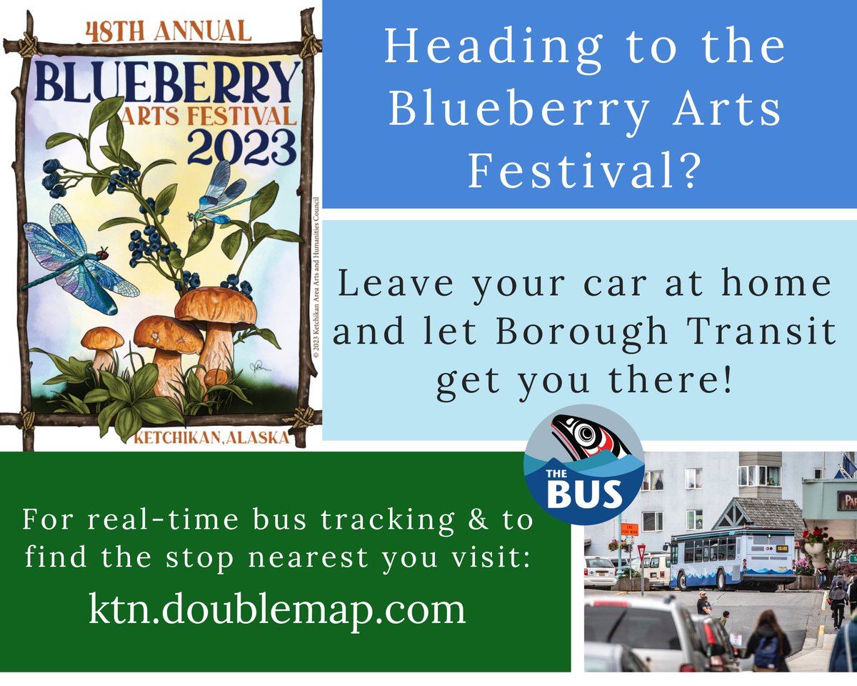 KetchikanBus's tweet photo. The Blueberry Arts booths are open on August 5th! 

Make this Blueberry even better by saving the headache of parking downtown.  

Transits Free Downtown Shuttle loops between the Plaza Mall and the Totem Heritage Center. This service is open to everyone! 

See you on The Bus! https://t.co/krMTiQbWQk