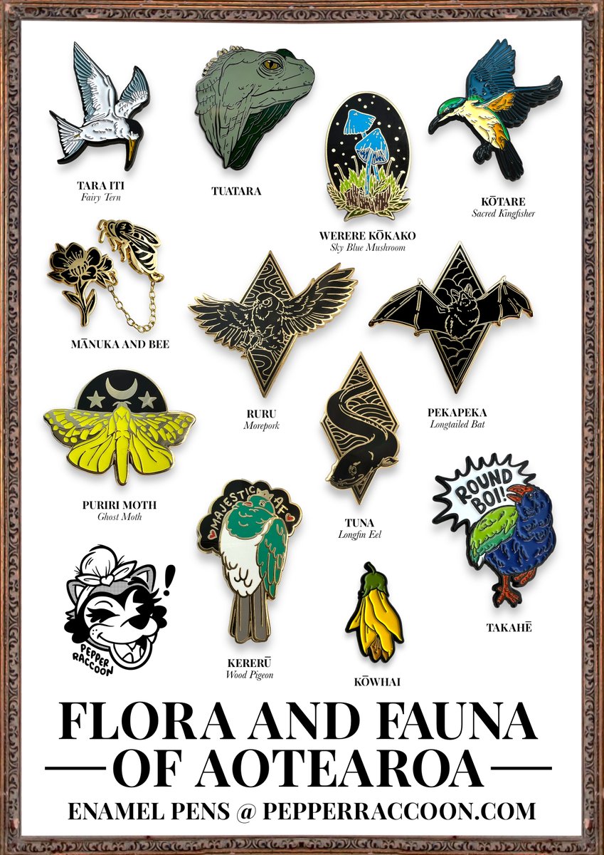 The full offering of my native flora and fauna pins have been restocked, we're doing our best to keep them available, but they keep flying (lol) away!

Head over to pepperraccoon.com to snag them all!

#NZ #NZBirds #EnamelPins