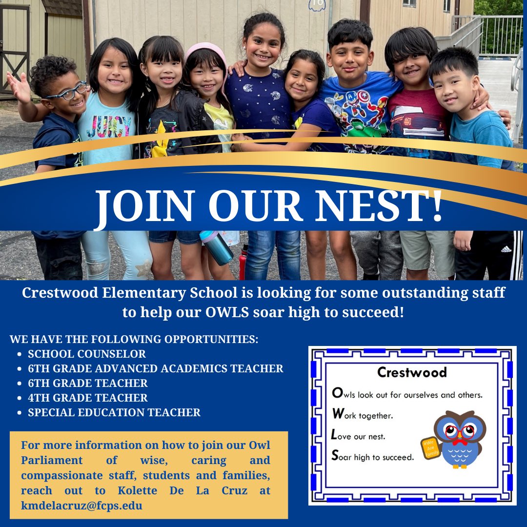 Please share!  Looking for some amazing staff to help out Owls soar high to succeed! <a href="/CrestwoodElem/">Crestwood Elementary School</a>