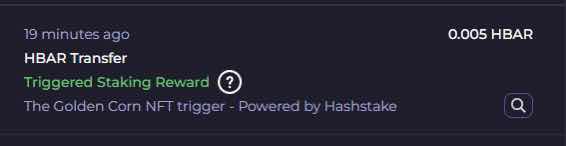 CornyCohbs's tweet image. $HBAR ‘Native Staking Trigger’ utility is live for Golden Corn holders! 

Everyday, holding IDs receive 0.001h which triggers the staking rewards claim. 

If compounded, it will increase current APY from 6.5% -&amp;gt; 6.72%. 

Stay Corny! 🌽
#HBARNFTs #HBAR