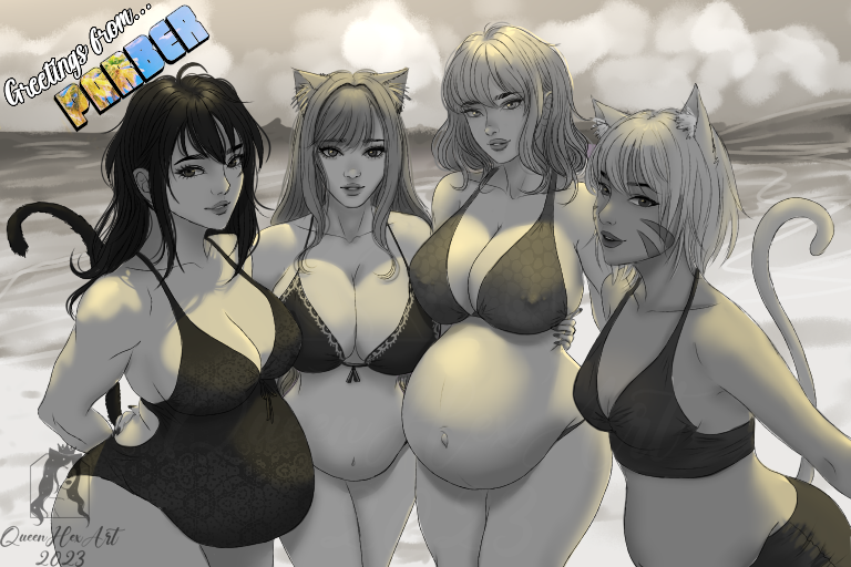 QueenHexArt's tweet photo. Greetings from the Pregnant and Round Belly Entertainment Resort! (PARBER). Summer may be halfway over, but that doesn't stop these girls from having some beach fun! Featuring Jinx, @bearybest3000 (Sophie) and a few of their friends 🏝️🌸 #pregnancy #pregnant #art https://t.co/tMDKQejmId
