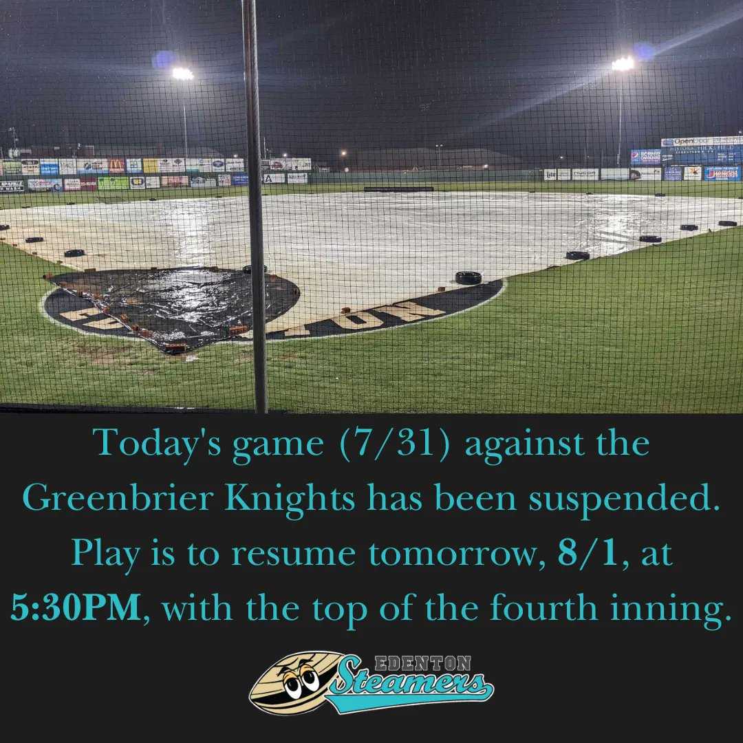 Today's game against the Greenbrier Knights has been suspended. It will be resumed tomorrow, 8/1, at 5:30PM. You can bring your ticket stub from tonight for entry to tomorrow's 5:30PM game. Game two will start thirty minutes after the conclusion of game one. #ClamsUnderwater