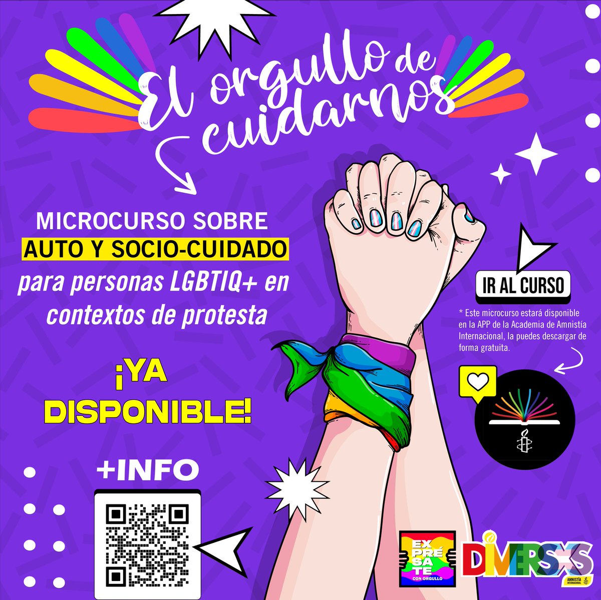amnistiamexico's tweet photo. En el #CursoGratuito📚 #ElOrgullodeCuidarnos ampliarás tus conocimientos sobre cómo podemos cuidarnos al ejercer nuestro derecho a la protesta pacífica como activistas #LGBTTTIQA+. 🌈
Al final recibirás un certificado de participación. ✅
👉🏽 https://t.co/H7wDetNYPS https://t.co/bnCJ5bo9Ls