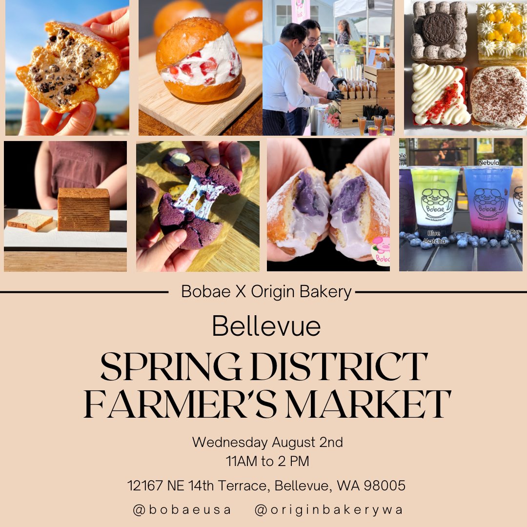 bobaeusa's tweet photo. Bellevue Wednesday 8/2! The Spring District Farmers Market! 

Don’t miss out of our Housemade Ube Donuts, Boba Donuts, August Creative Drinks — along with delicious @originbakerywa treats! 

See you there 11AM-2PM! https://t.co/v2p3naOzQz