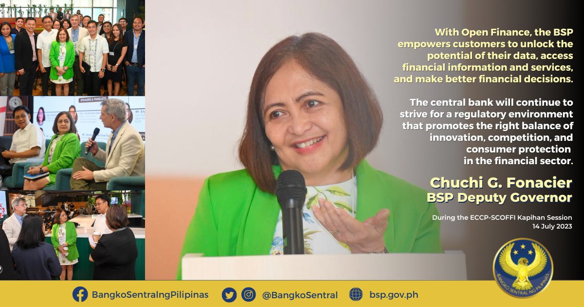 BangkoSentral's tweet image. Bangko Sentral ng Pilipinas (BSP) Deputy Governor Chuchi G. Fonacier said Open Finance can help onboard more Filipinos into the formal financial system.

For more info:
BSP Circular No. 1122: bsp.gov.ph/Regulations/Is…
Open Finance PH: openfinanceph.org

#LetsGetDigitAll