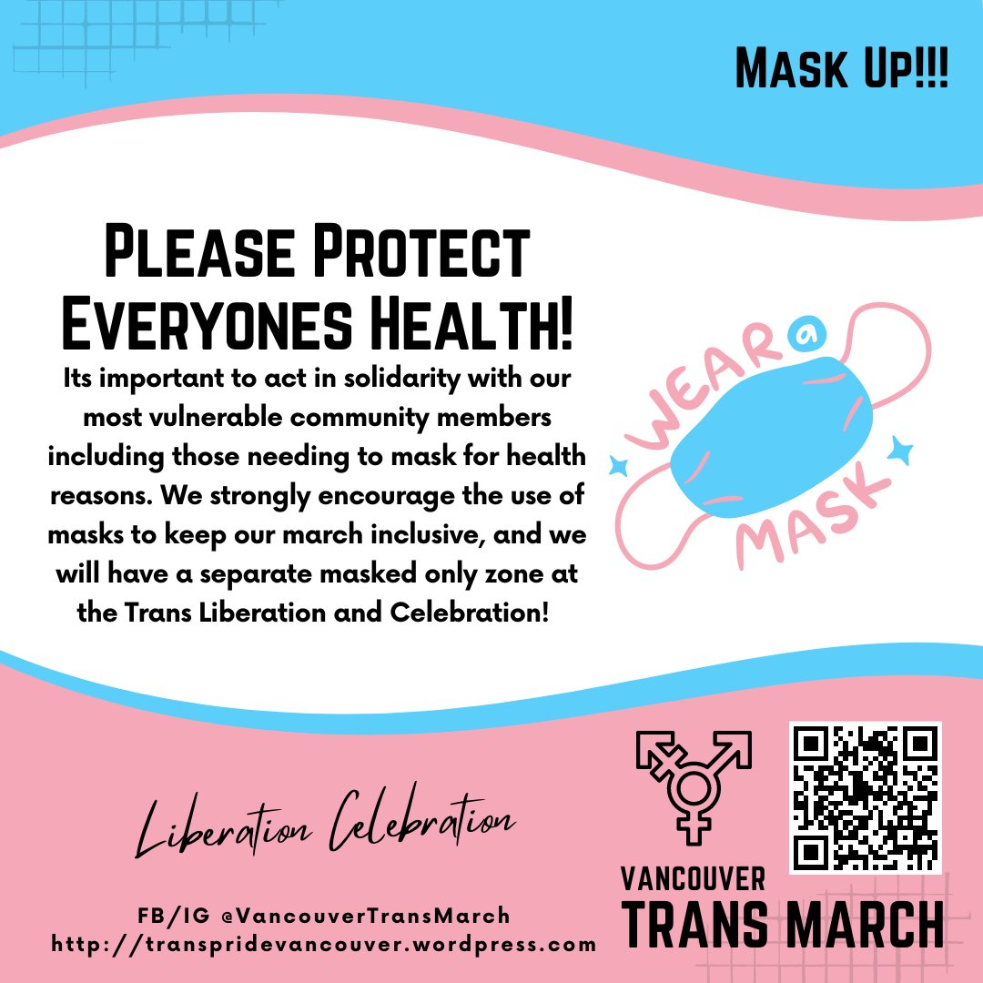 VanTransMarch's tweet photo. This will be a MASK STRONGLY ENCOURAGED EVENT!

Lets keep our immune compromised friends safe.  By wearing a mask or keeping away from mask required areas!

Thank you for your cooperation and I look forward to seeing ALL of you at the march!

Happy Pride! ❤🌈 https://t.co/mjE4fA3sgb