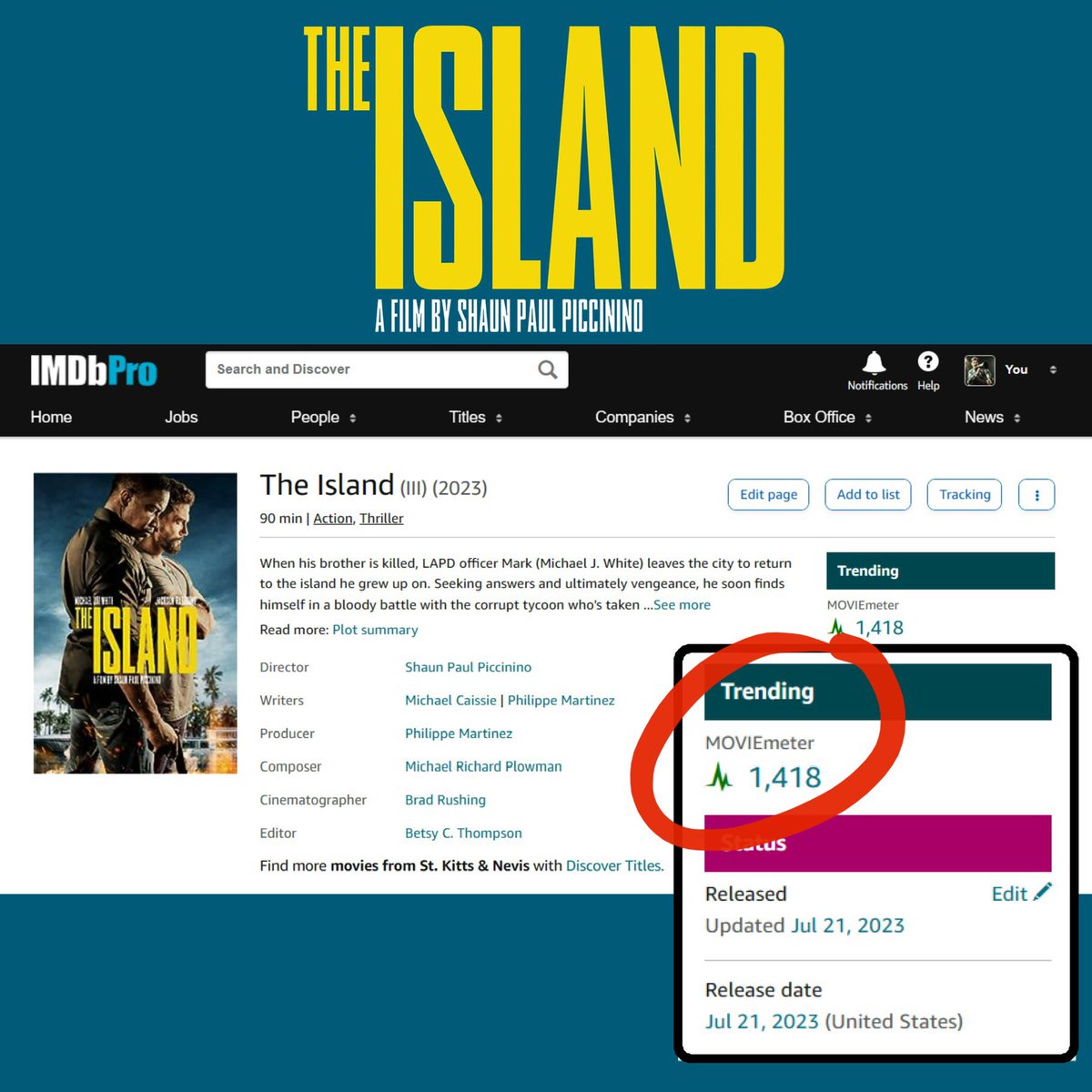 Well this is cool! Our movie “The Island” is trending on @imdb 

Woohoo 🙌 go team 💥 💥 💥 @MichaelJaiWhite @JacksonRathbone @MSRMEDIASKN @sabanfilms 

We broke into the top 1500 titles on IMDB 🤯 Super proud of our team. 

IMDb link: imdb.com/title/tt218535…