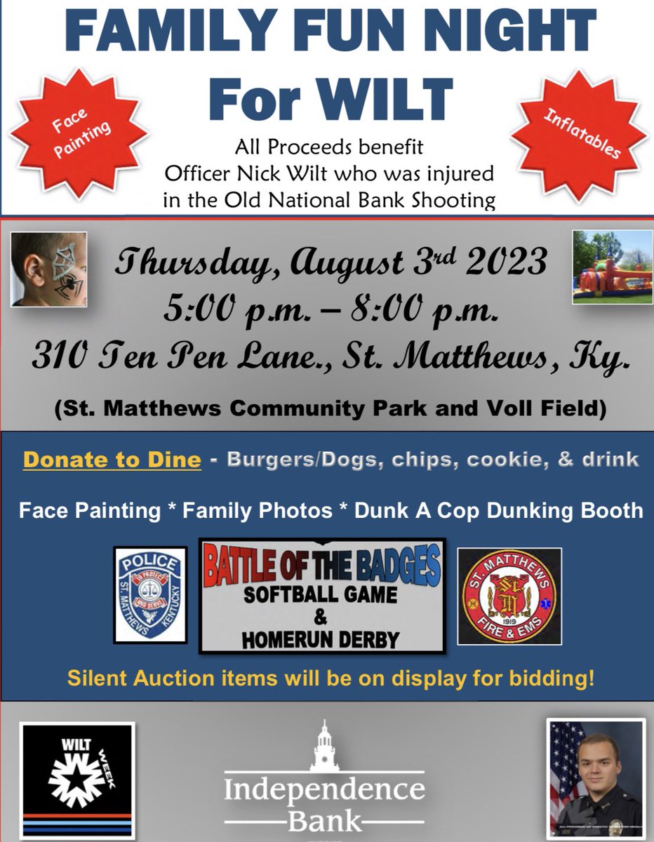 Trinity Baseball is excited to assist the City of St. Matthews and Independence Bank to help raise money to support Officer Nick Wilt. Help support this mission by coming out to the “Battle of the Badges” softball game and HR Derby at Trinity Stadium this Thursday at 5:00.  ☘️⚾️