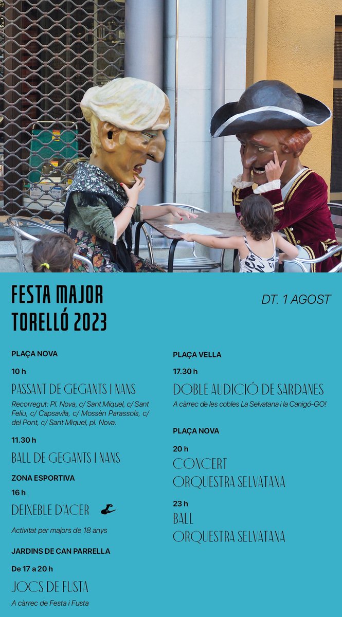 Festa Major Torello (@fmajortorello) on Twitter photo Recta final de la Festa Major. Avui, 0diada de Sant Feliu, patró de Torelló.
Per celebrar-ho tindrem ball de gegants i la <a href="/Selvatana_CO/">Cobla Orquestra Selvatana</a>
A la zona esportiva tindrem una nova edició del Deixeble d'acer <a href="/Deixebles/">Deixebles Sant Feliu</a>!
Tot això i molt més a:
festamajortorello.cat/programa-1/
<a href="/AjTorello/">Ajuntament de Torelló</a> Recta final de la Festa Major. Avui, 0diada de Sant Feliu, patró de Torelló.
Per celebrar-ho tindrem ball de gegants i la <a href="/Selvatana_CO/">Cobla Orquestra Selvatana</a>
A la zona esportiva tindrem una nova edició del Deixeble d'acer <a href="/Deixebles/">Deixebles Sant Feliu</a>!
Tot això i molt més a:
festamajortorello.cat/programa-1/
<a href="/AjTorello/">Ajuntament de Torelló</a>