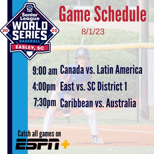 Day 4 schedule! 

First game at 9am EST with Canada Facing off against Latin America!

make sure to come out and cheer on your team!

#slbws ⚾️