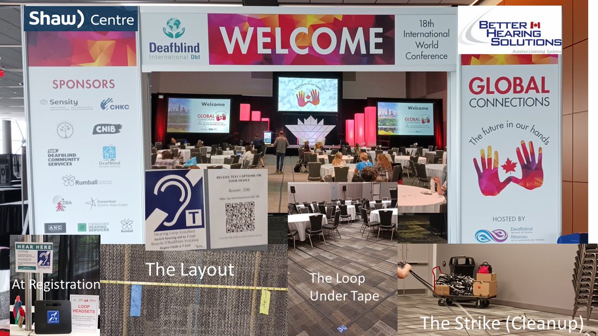 BetrHearngSolns's tweet image. Our most recent #HearingLoop outing was at the international @DbIConference2023 held at the @Shaw_Centre  in Ottawa. We outfitted 6 rooms with temporary hearing loops. A snapshot view is below.