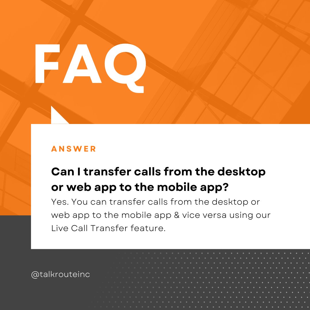 With Talkroute's Live Call Transfer feature, you can easily transfer calls between the desktop or web app and the mobile app. 

Seamlessly connect and transfer calls on the go for uninterrupted communication. Experience the convenience of call transfers across platforms today!