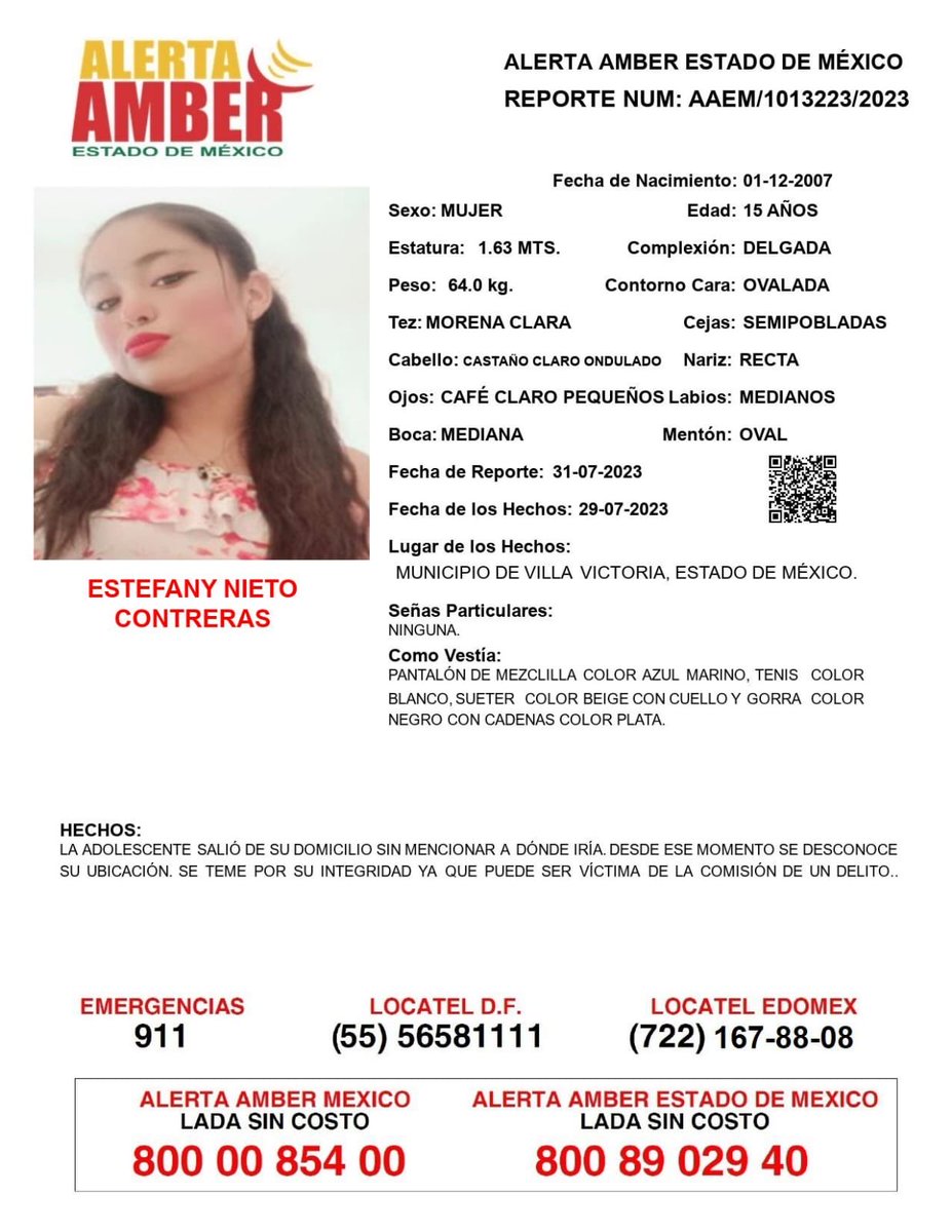 FiscaliaEdomex's tweet photo. 📍Tu apoyo es importante, ayúdanos a difundir, cualquier información para localizar a la siguiente persona comunícate al 📞800 890 2940 Alerta Amber EDOMEX y ☎️ 800 7028 770 #FiscalíaEdoméx. https://t.co/iThpbsvpwJ