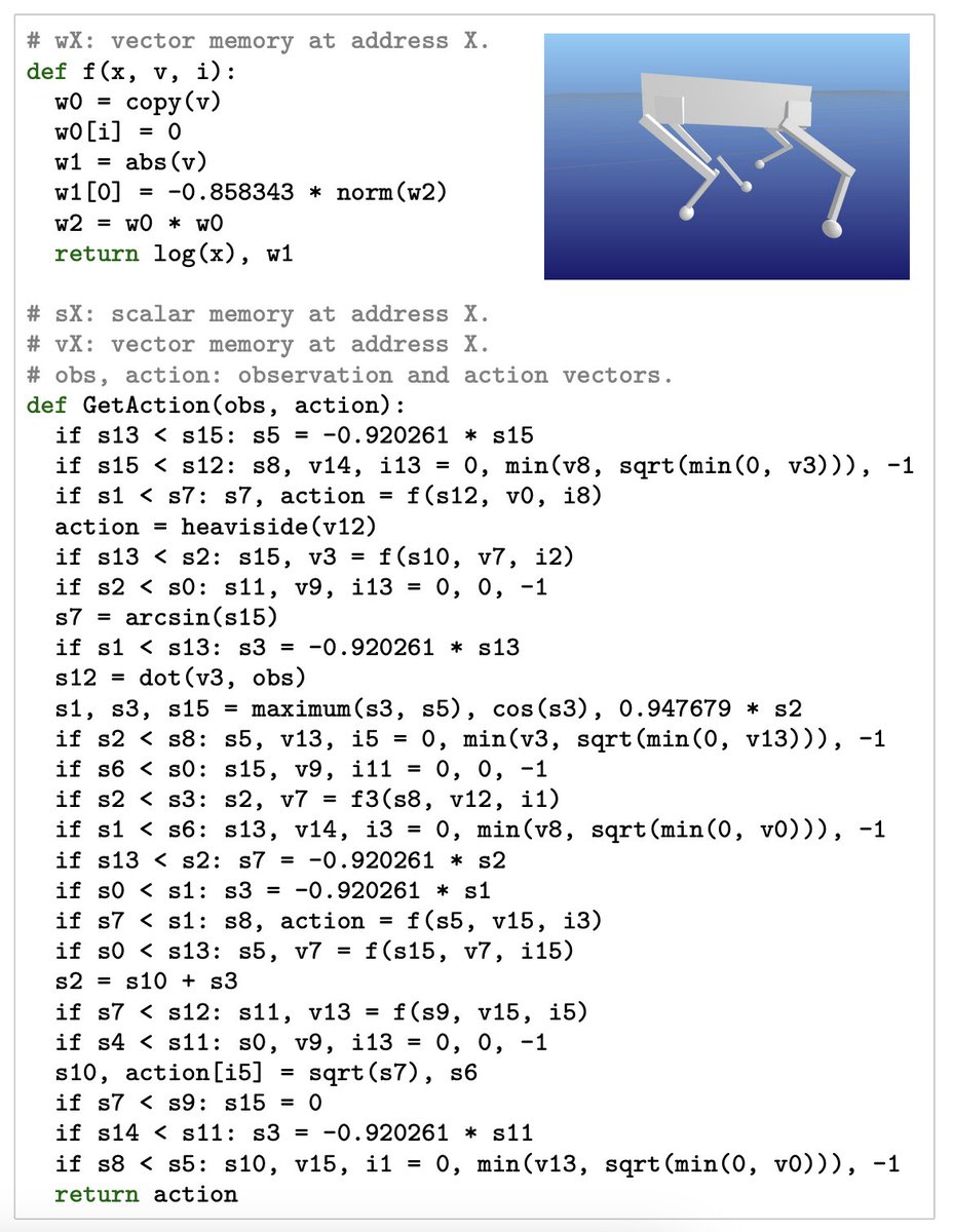 Excited to announce our latest work in genetic programming: AutoRobotics-Zero (ARZ)!

Using AutoML-Zero’s search method, we’re able to build compact, interpretable robot policies which can quickly adapt to drastic in-episode environment changes, such as broken legs.

arXiv: