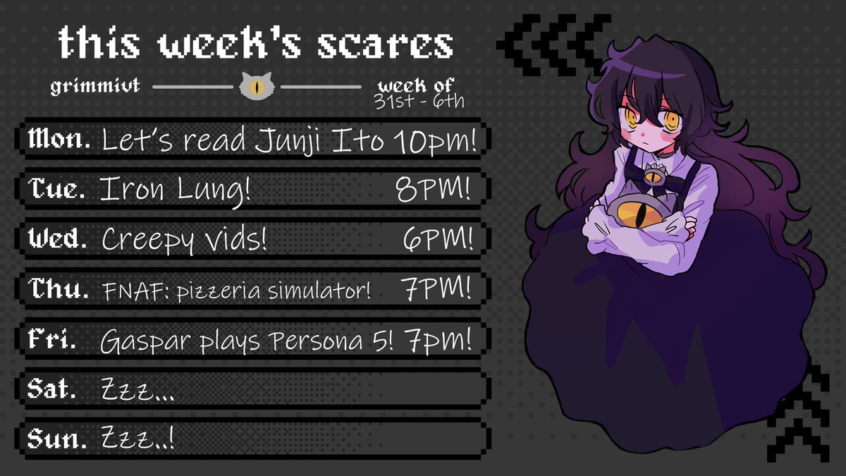 GrimmiVT's tweet photo. Lots of horror this week! (And Gaspar, but... Persona...)
Still getting more fonts and switching over to the awesome new computer from #ironsidepc, apologies for this looking silly! But I'm mega excited! Mon stream will be a little short as I have a few things I'm working on! https://t.co/18KNtKBRE0