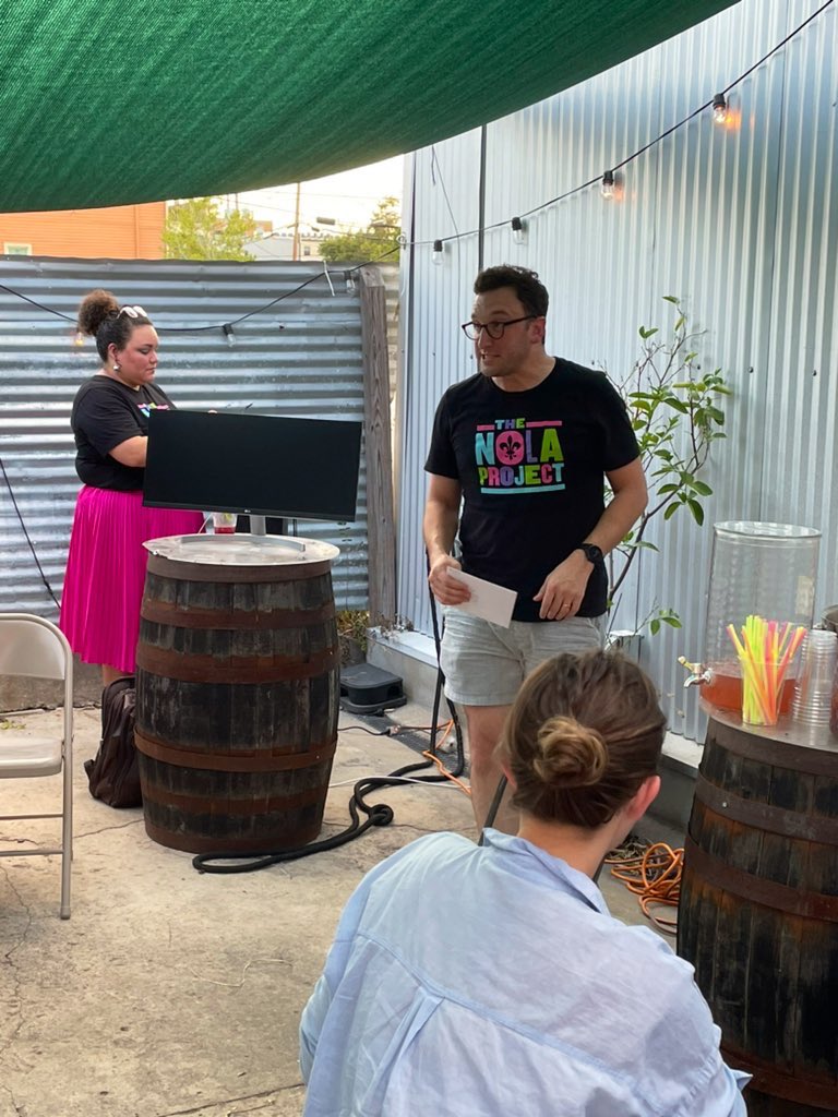 theNOLAproject's tweet photo. It was a sweet (16) send-off for Artistic Director A.J. Allegra at Happy Raptor Distilling. Thanks to all who joined in person and virtually as we celebrated nearly two decades of BOLD leadership! 🍻 https://t.co/eUKGBonF2C