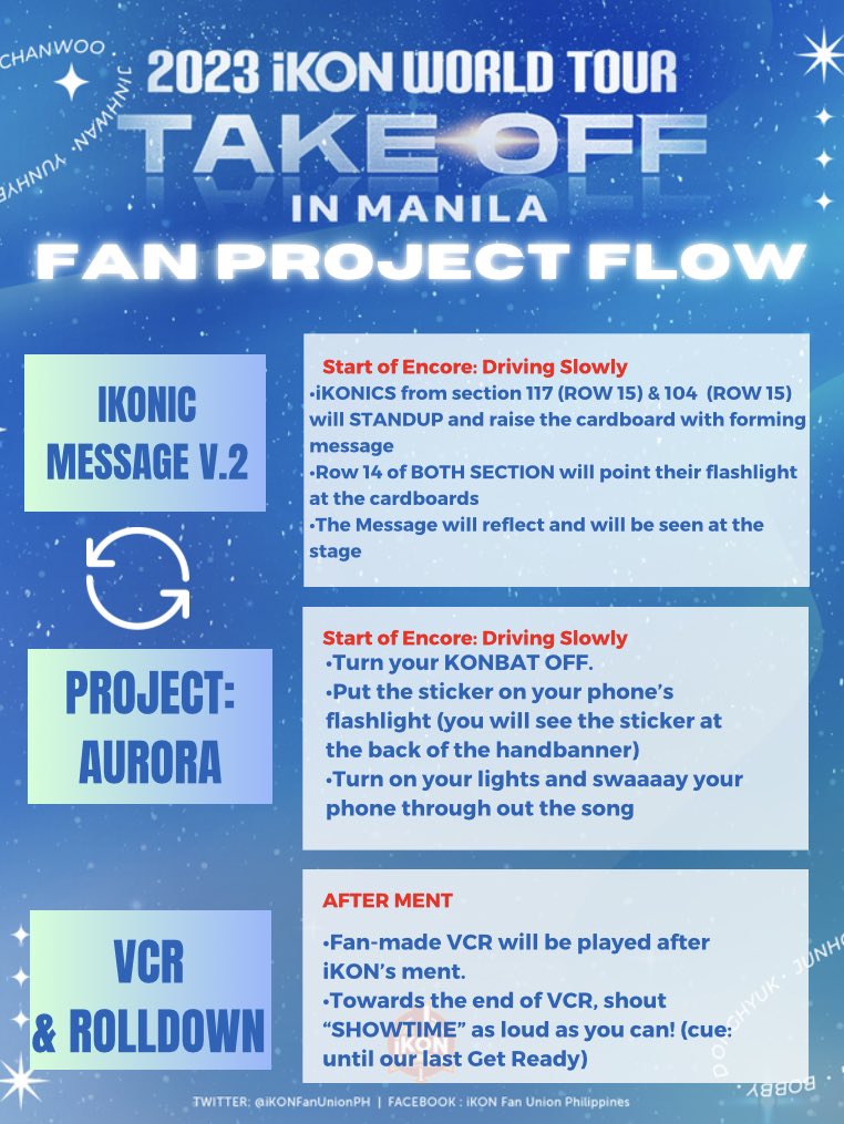 withiKON_PH's tweet photo. [REMINDER]

•Fan-Project Guide and But You Romanized lyrics are written at the BACK SIDE OF THE HANDBANNER (including the sticker for project Aurora and Junhoe PH). 

Please make sure to READ the instructions.

•Indiv solo stages instruction is also posted. We will be giving out limited copies. Apologies, we can’t commit for a 12,000pcs prints due to time constraints and limited funds.🙏

#iKONinMANILA2023