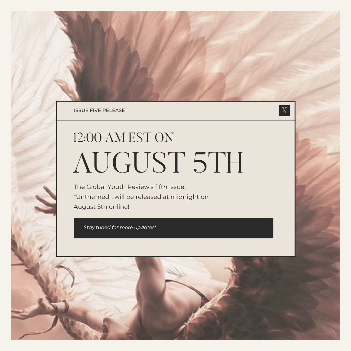 GlobalYouthRev's tweet image. We are thrilled to announce that our highly anticipated issue is set to release on August 5th! 🌸📆 Mark your calendars and get ready to immerse yourself in a world of captivating #writing, #poetry, stunning #art!