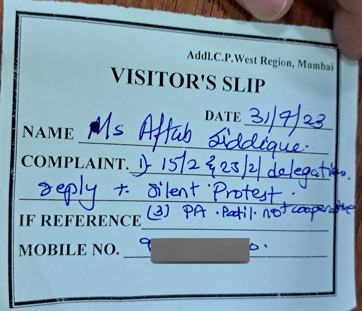ms_aftab's tweet photo. @CPMumbaiPolice #IPS #Paramjit after giving appointed time,refraining frm venue without informing us. Then on top of Ur voice alleging misconduct for not letting zonal DCP hear&what right we(3women)hav to ask if U r coming or not is in poor light MrParamjitDahiya @IPS_Association https://t.co/xpogJZ3TQ2