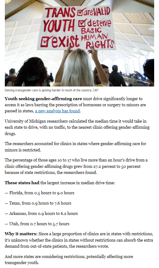 Thank you to <a href="/politico/">POLITICO</a> for covering our recent study in <a href="/JAMA_current/">JAMA</a> and the distances trans teens and their families will have to travel to seek evidence-based medical care.

Full study here: 
jamanetwork.com/journals/jama/…