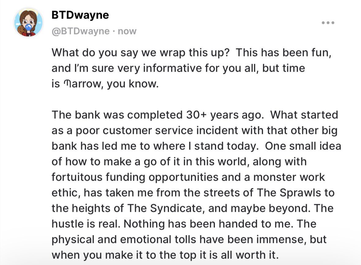 NFT_Dee's tweet image. They say all good stories must come to an end.

But Bank of Bala’s will continue on, because he’s not done yet.  A new era with BoB starts when Azurians reveal Aug. 17th 

Part 4 of 4 is now on @downavenue_ and in attached pics.  The full 4 parts is 👇🏼 

   𝐁𝐚𝐧𝐤 𝐨𝐟 𝐁𝐚𝐥𝐚…