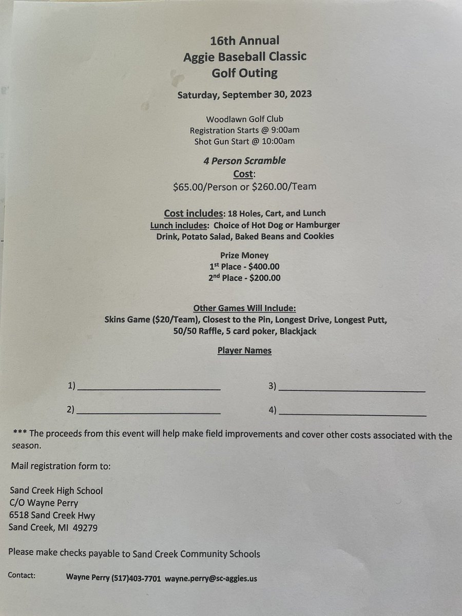 SCAggiesBBall's tweet photo. Sand Creek Baseball Golf Outing! We would love for you to support the Aggies baseball program!!! https://t.co/zEKKUcGove
