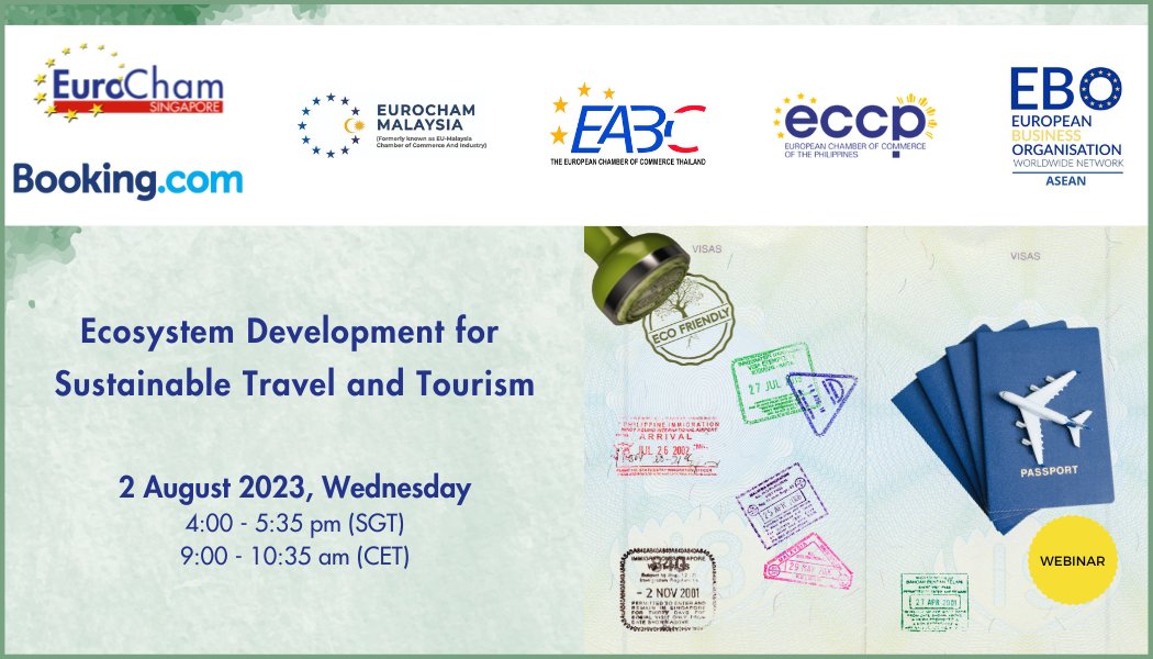 EuroChamSG's tweet image. EuroCham SG is co-organising a webinar on “Ecosystem Development for Sustainable Travel &amp;amp; Tourism”, which will be held on 2 Aug (Wed) from 4:00 – 5:35 pm (SGT). Register for a complimentary ticket now at buff.ly/46ZPQq0

#TeamEurope #SustainableTraveandTourism #EBOWWN