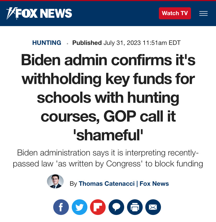 greg_price11's tweet photo. Because of @JohnCornyn's gun control bill that Biden signed into law last year, the Biden admin is now blocking federal funds for schools with hunting or archery programs in their curriculum.  

Thank you to Cornyn and all the RINO losers in the senate that made this possible. https://t.co/VTUxDIeMrI